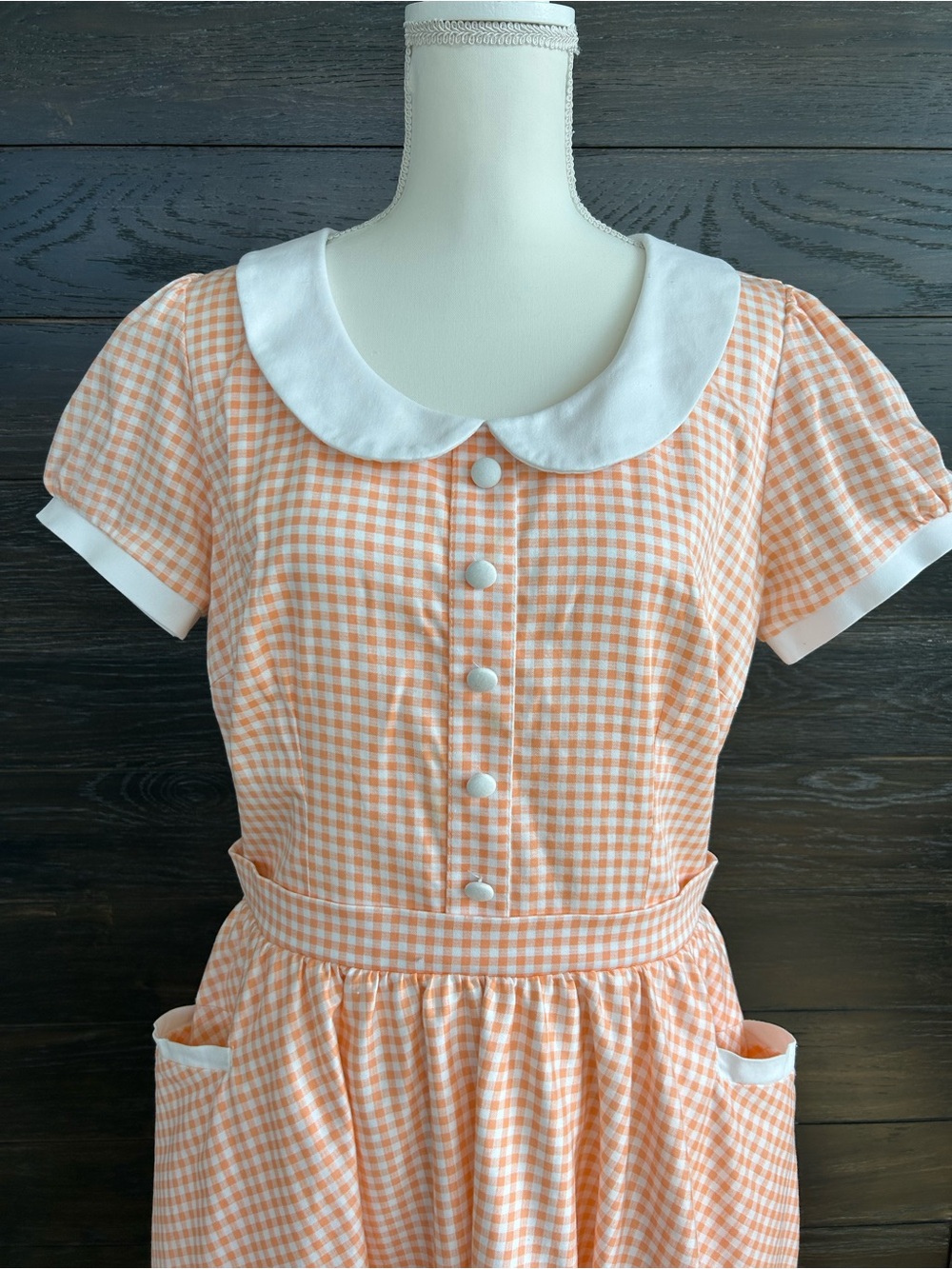 Pinup Couture Peach Orange Gingham Dee Dee Waitress Puff Sleeve Retro Dress XL - Picture 5 of 16
